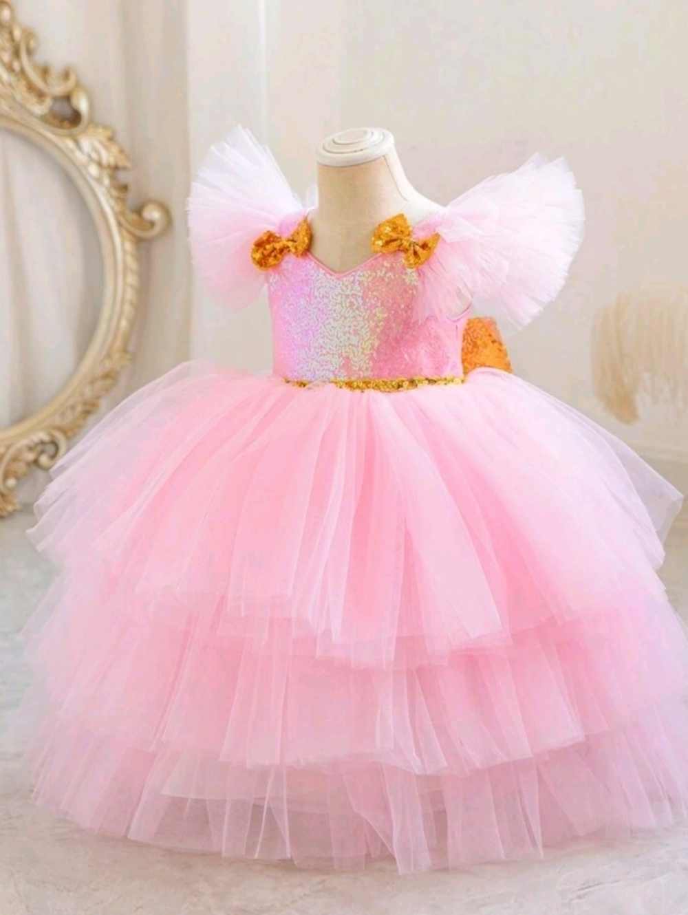 Pink Tulle Princess Ball Gown with Gold Accents